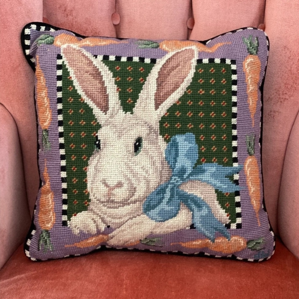 & Other Stories White Bunny Needlepoint Pillow with Lavender Border and Blue Bow